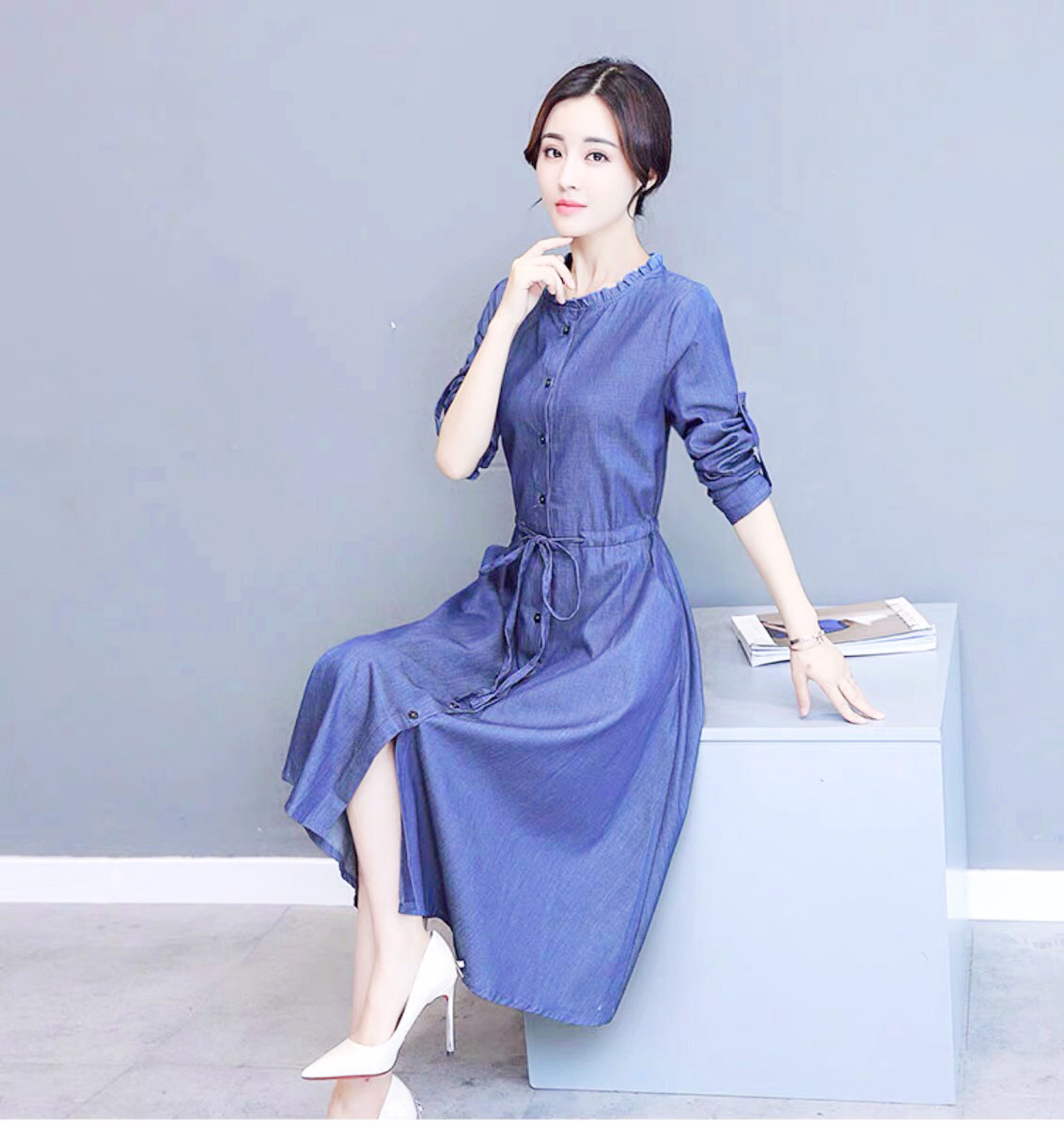 ĐẦM JEAN XÒE TAY DÀI CỔ BÈO TRÒN